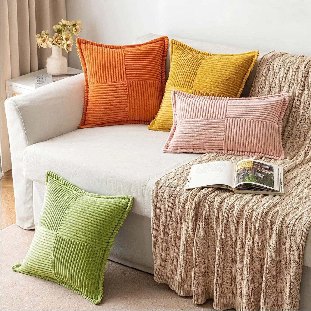 Olive Green Striped Texture Corduroy Decorative Farmhouse Luxury Soft PillowCase